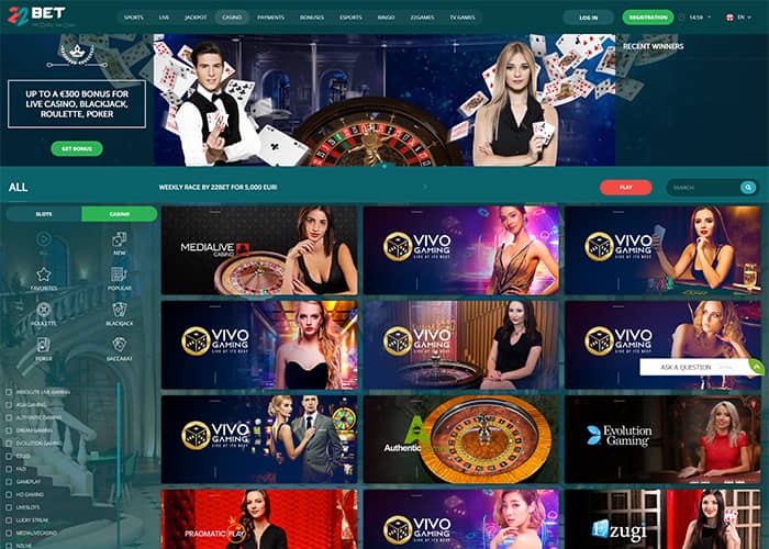 22Bet live casino klein